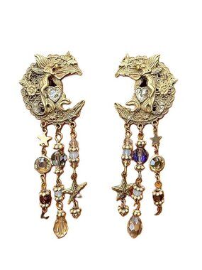 Fairycore Celestial Moon Star Dangle Pierced Earrings Gold Tone Crystals